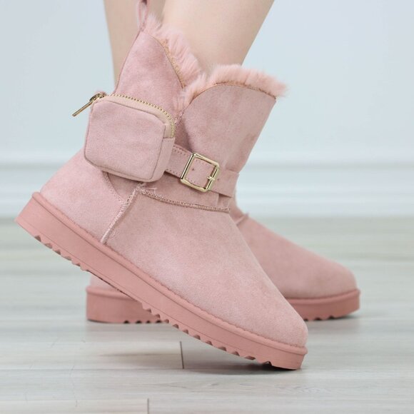 Womens Warm Fuzzy Ankle Booties Super Cozy Fully Lined Faux Pink Suede Pocket - Picture 5 of 14